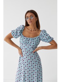Довга квіткова сукня з оборкою hot fashion - бірюзовий