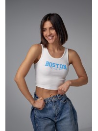 Майка в рубчик із принтом Boston - блакитний