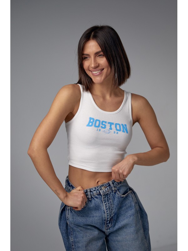 Майка в рубчик із принтом Boston - блакитний