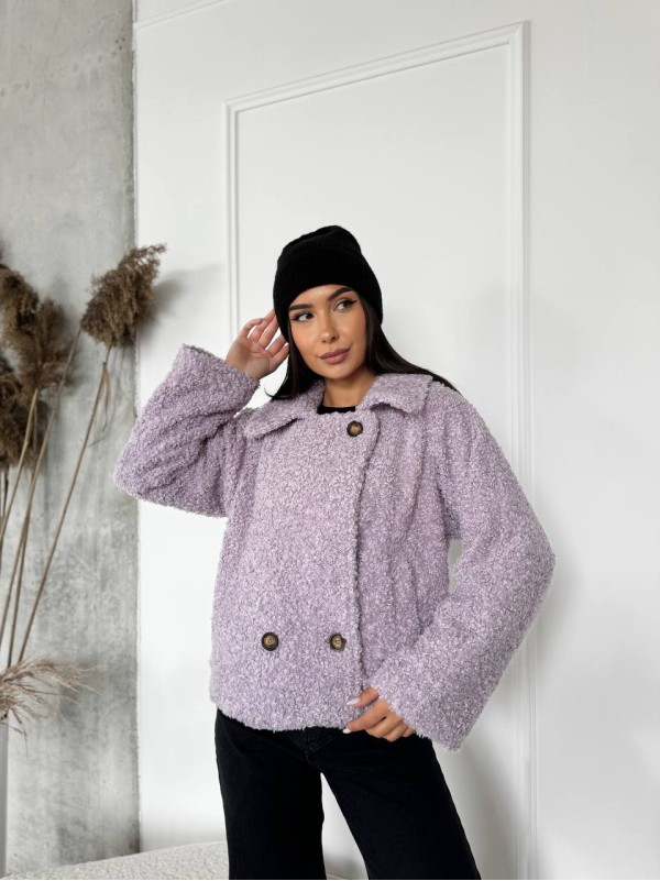 Жіноча коротка шуба з букле лiлового кольору 29809