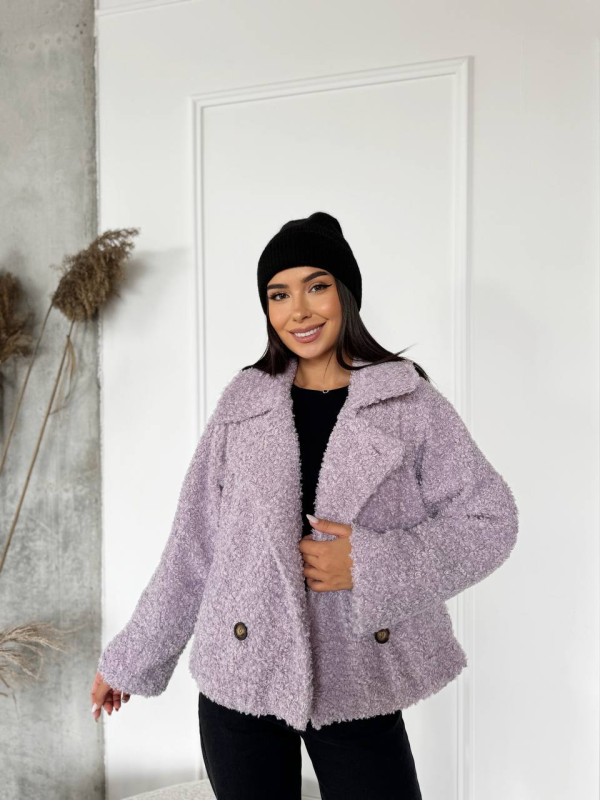 Жіноча коротка шуба з букле лiлового кольору 29809