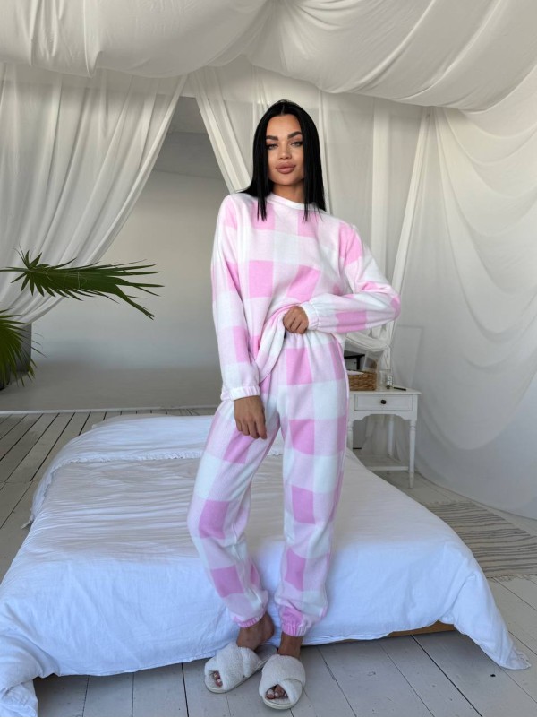 Жіночій теплий костюм для дому в клітку рожевого кольору 29814