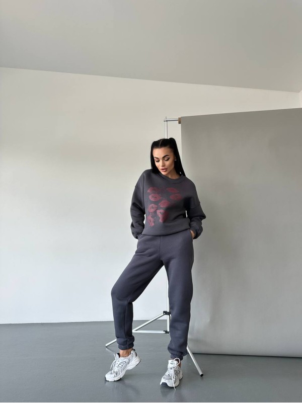 Жіночий світшот на флісі з принтом сірого кольору 29874