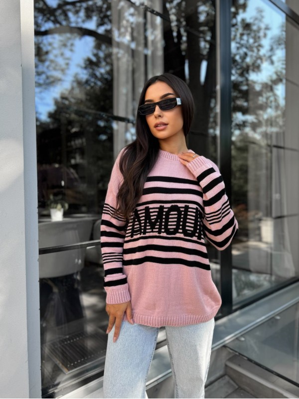 Подовжений жіночий светр із написом рожевого кольору 29903