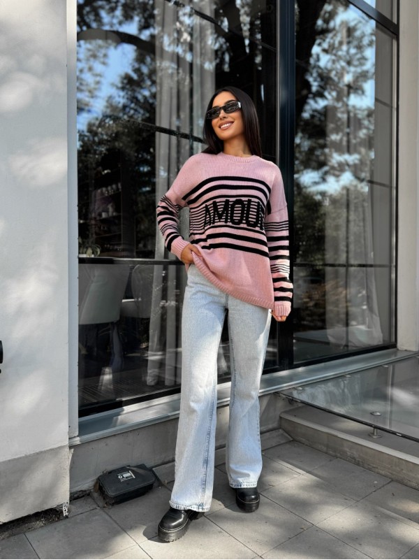 Подовжений жіночий светр із написом рожевого кольору 29903