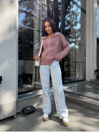 Жіноча кофта з відкладеним коміром пудрового кольору 29956