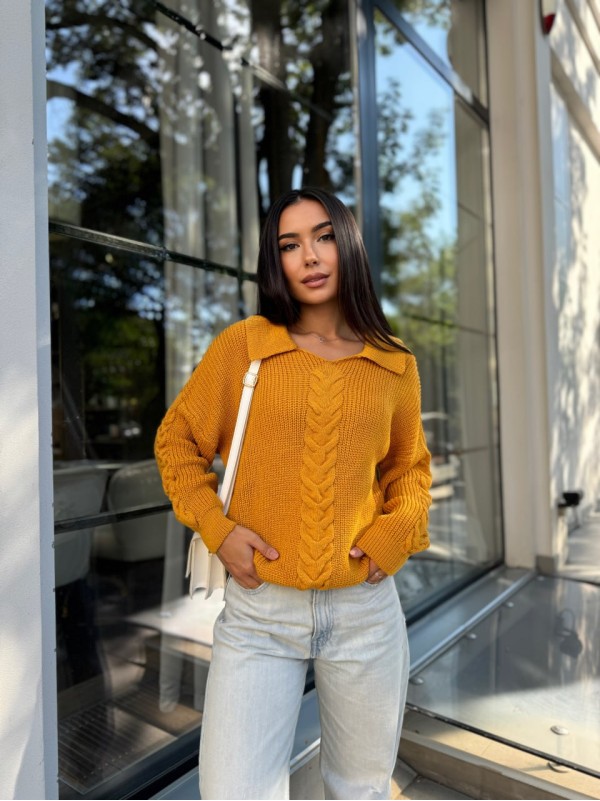 Жіноча кофта з відкладеним коміром жовтого кольору 29960