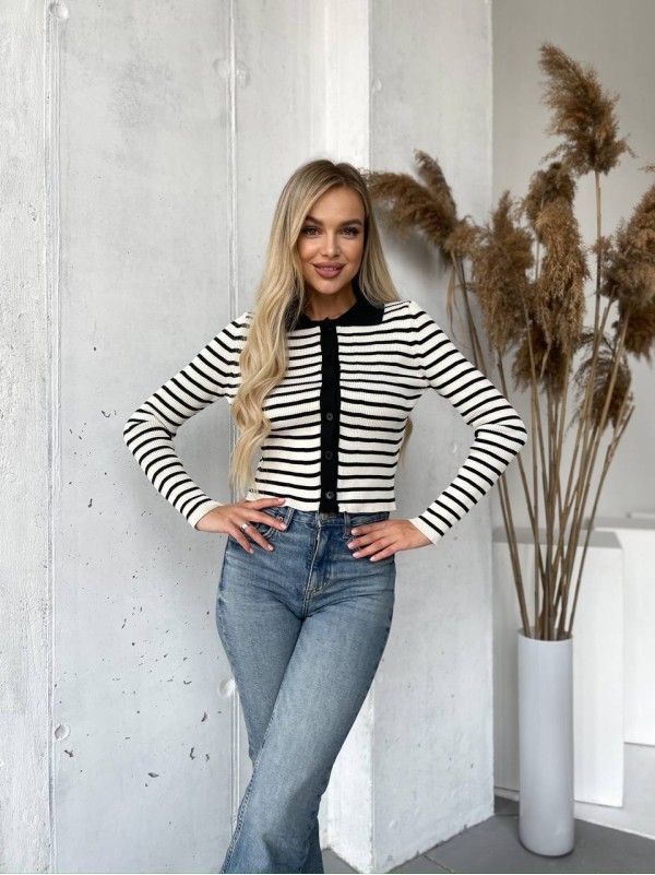 Короткий кардиган із ґудзиками в смужку молочного кольору 29980