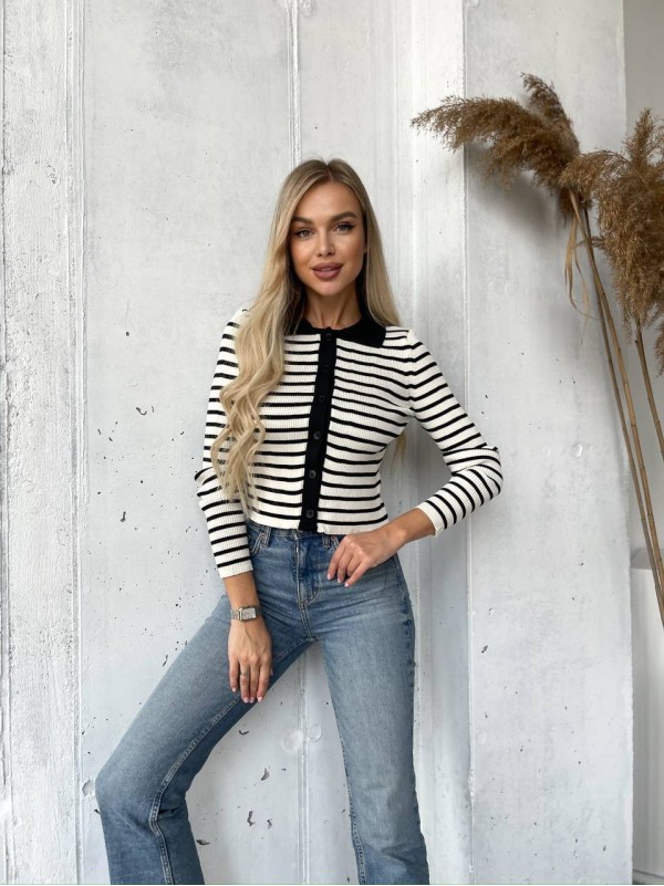 Короткий кардиган із ґудзиками в смужку молочного кольору 29980