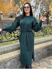 Тепла сукня з поясом смарагдового кольору 30083