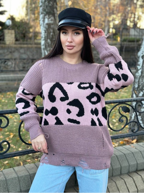 Об'ємний жіночий светр-туніка пудрового кольору 30088