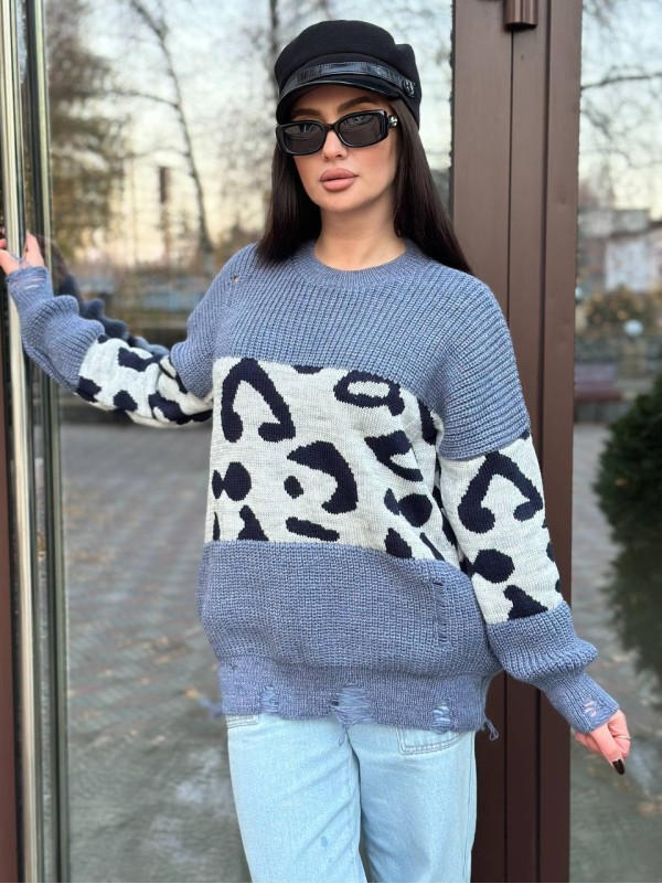 Об'ємний жіночий светр-туніка синього кольору 30089