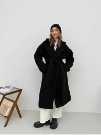 Жіноче тепле пальто з хутра Тедді чорного кольору 30109