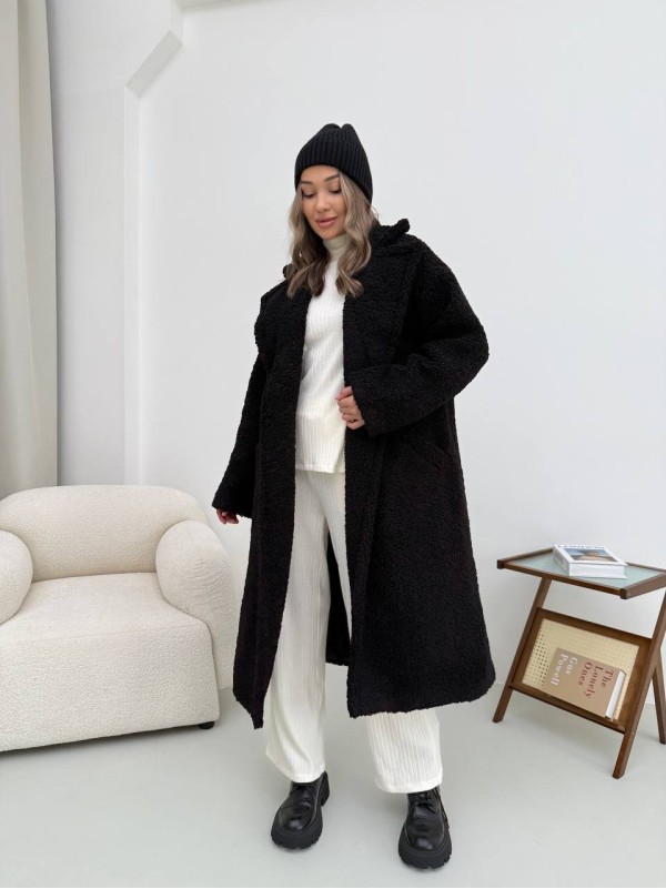 Жіноче тепле пальто з хутра Тедді чорного кольору 30109