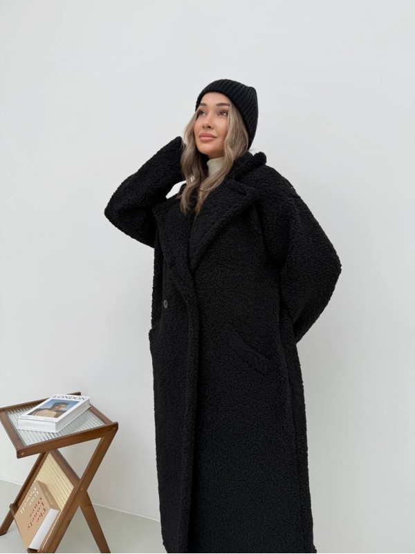 Жіноче тепле пальто з хутра Тедді чорного кольору 30109