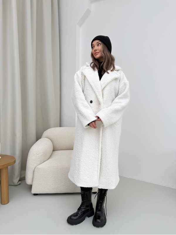 Жіноче тепле пальто з хутра Тедді молочного кольору 30112