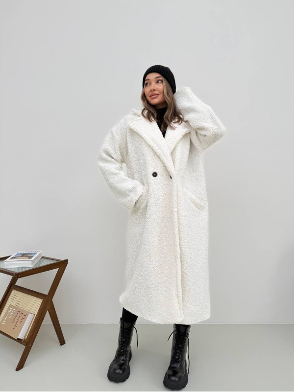 Жіноче тепле пальто з хутра Тедді молочного кольору 30112