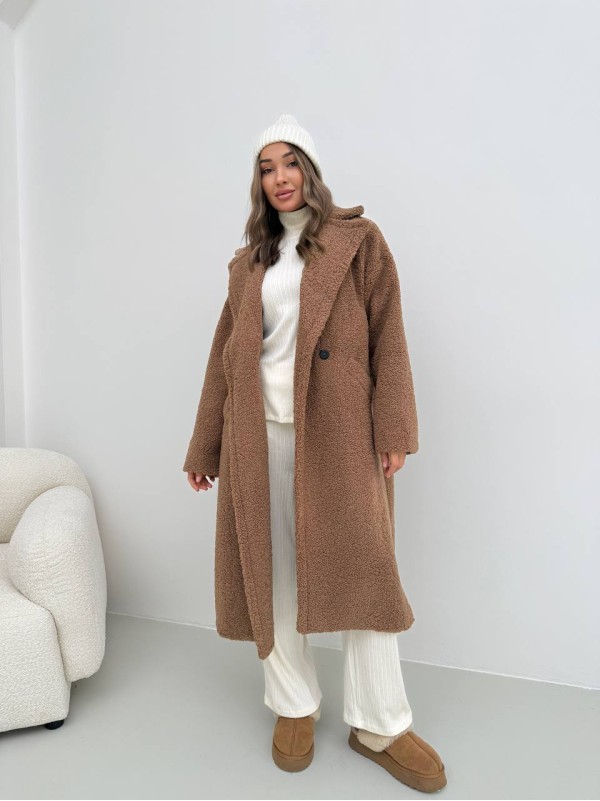 Жіноче тепле пальто з хутра Тедді кавового кольору 30113