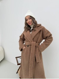 Жіноче тепле пальто з хутра Тедді кавового кольору 30113