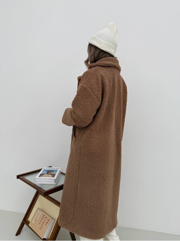 Жіноче тепле пальто з хутра Тедді кавового кольору 30113