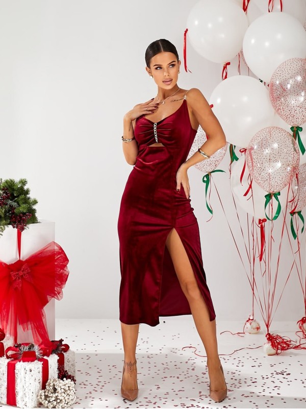 Вечірня оксамитова сукня на бретельках червоного кольору 30120