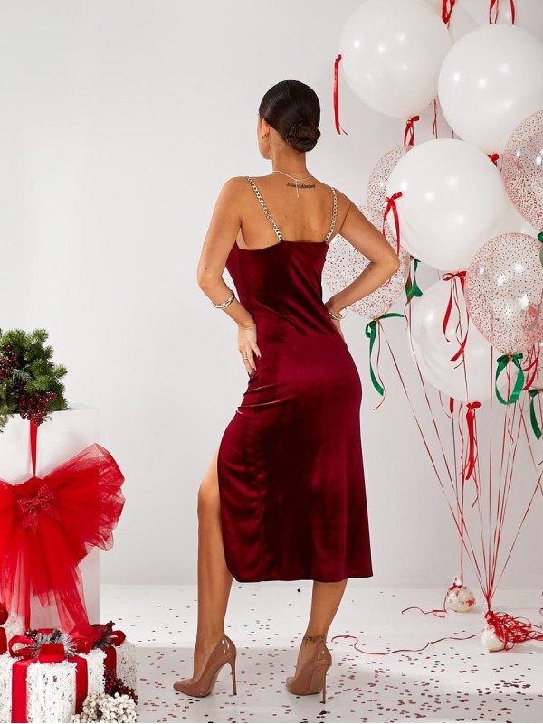 Вечірня оксамитова сукня на бретельках червоного кольору 30120