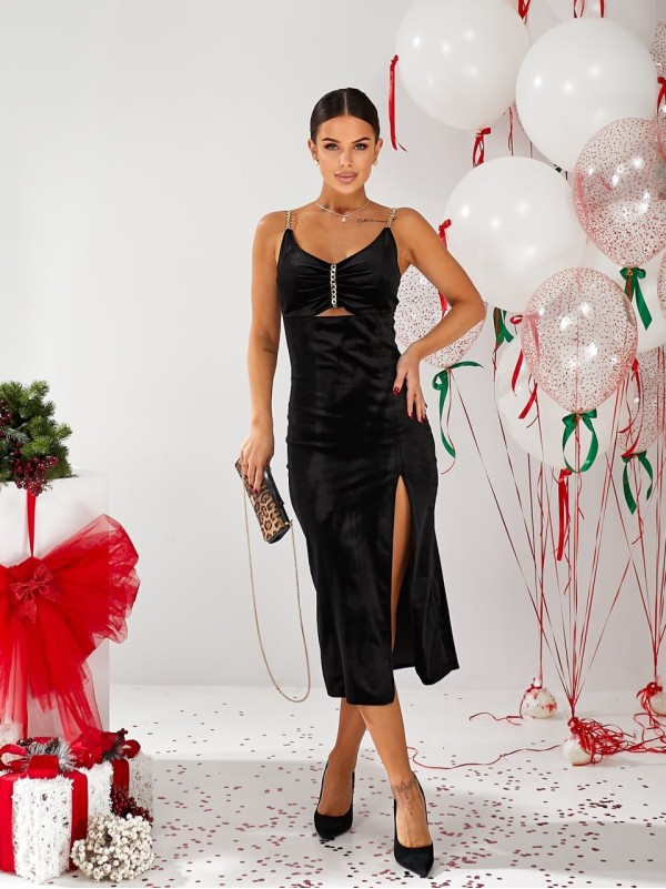 Вечірня оксамитова сукня на бретельках чорного кольору 30121