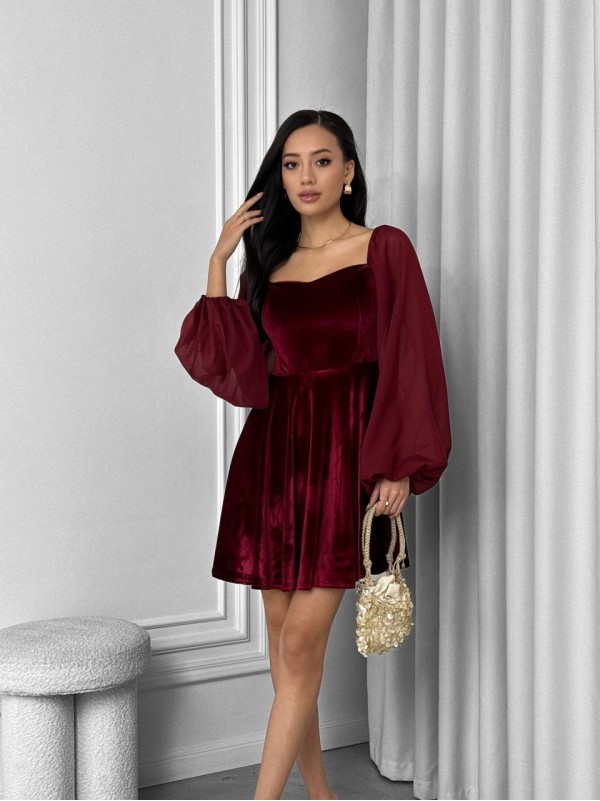 Ошатна оксамитова сукня бордового кольору 30140
