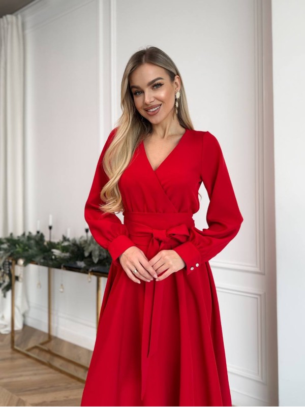 Сукня міді з поясом, червоного кольору 30248