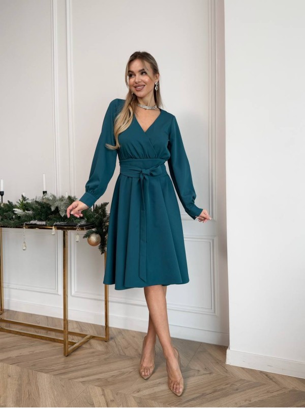 Сукня міді з поясом, кольору морської хвилi 30250