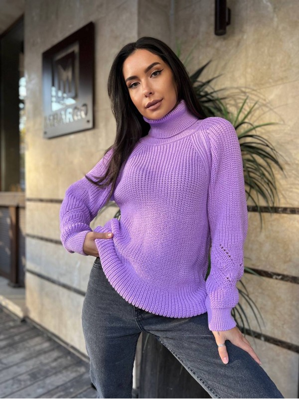 Жіночий однотонний светр із горловиною бузкового кольору 30262