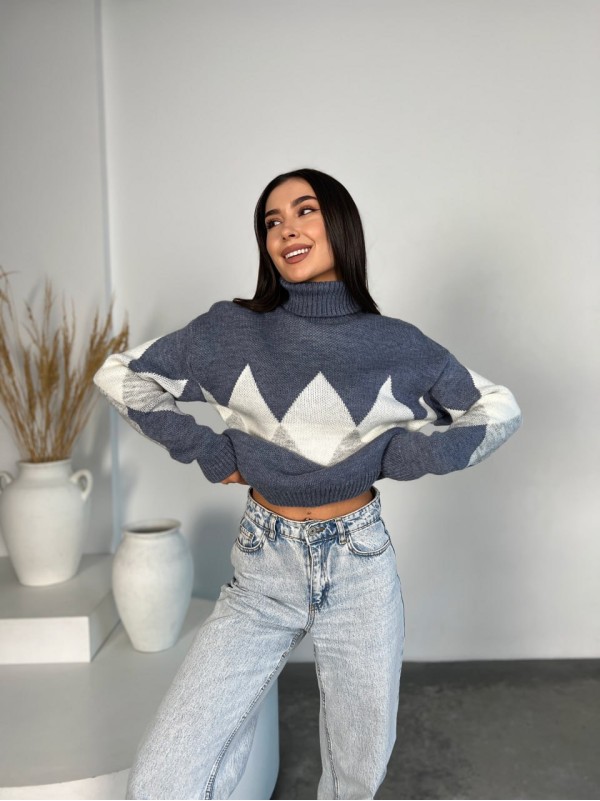 Жіночий теплий светр із горловиною синього кольору 30267