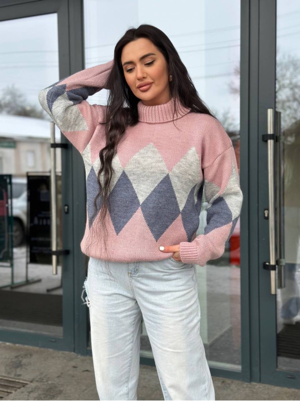 Жіночий теплий светр із горловиною рожевого кольору 30268