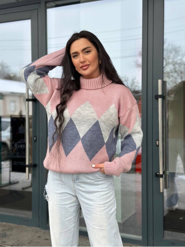 Жіночий теплий светр із горловиною рожевого кольору 30268