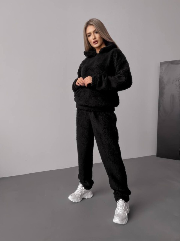 Жіночий теплий костюм з хутра Тедді чорного кольору 30297