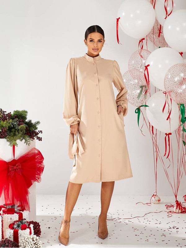 Класична сукня міді на гудзиках бежевого кольору 30338