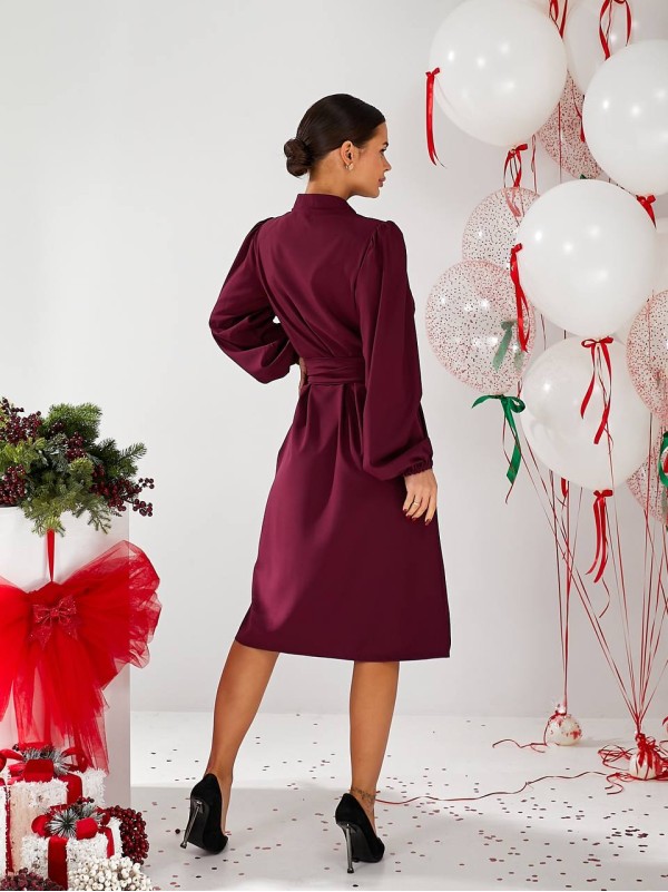 Класична сукня міді на гудзиках бордового кольору 30339