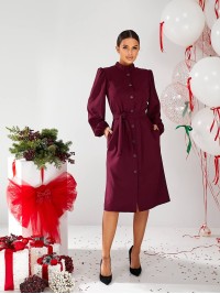 Класична сукня міді на гудзиках бордового кольору 30339