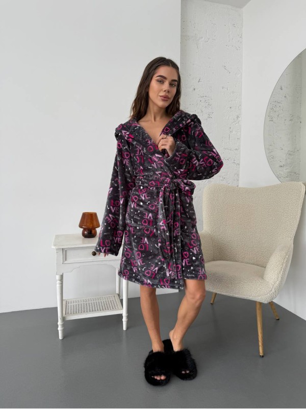 Жіночий махровий халат з написом графітового кольору 30344