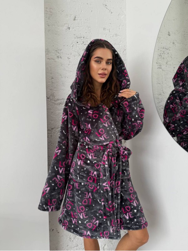 Жіночий махровий халат з написом графітового кольору 30344