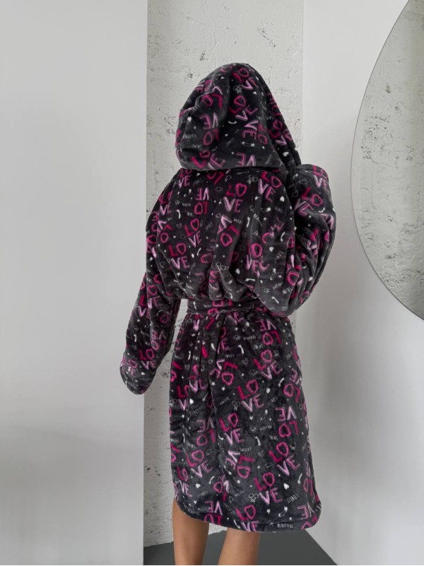 Жіночий махровий халат з написом графітового кольору 30344