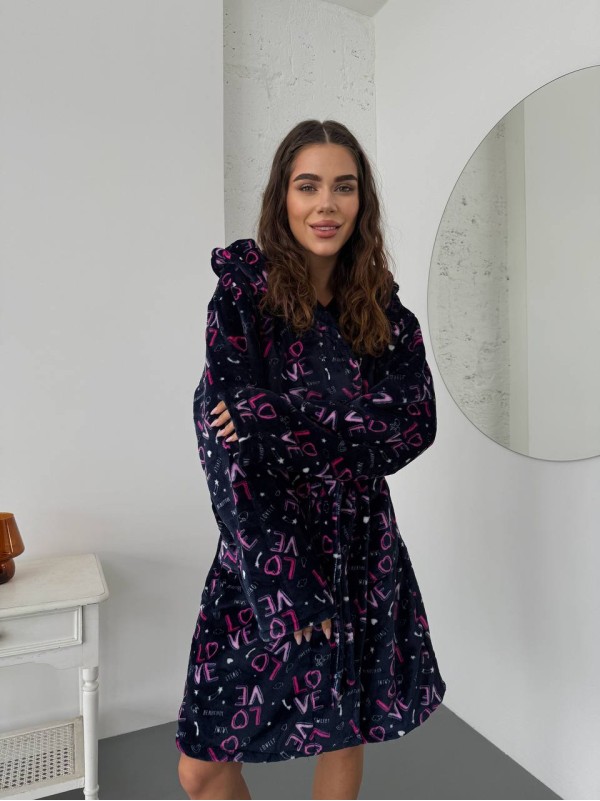 Жіночий махровий халат з написом синього кольору 30345