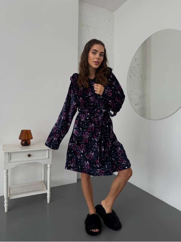 Жіночий махровий халат з написом синього кольору 30345