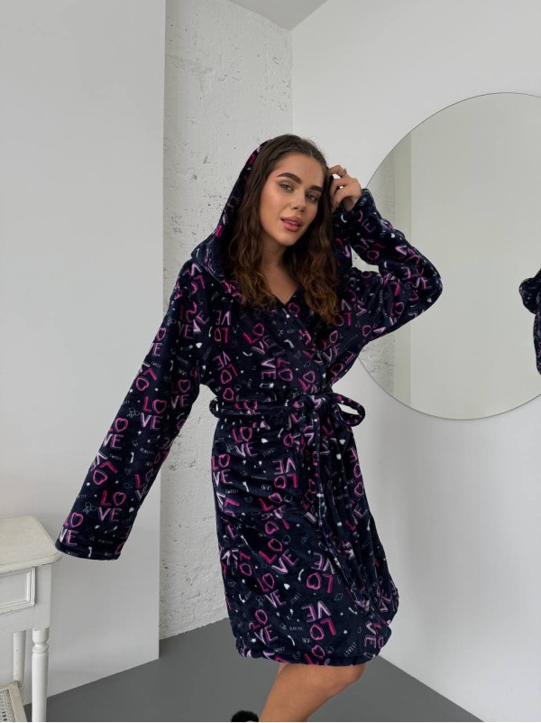 Жіночий махровий халат з написом синього кольору 30345