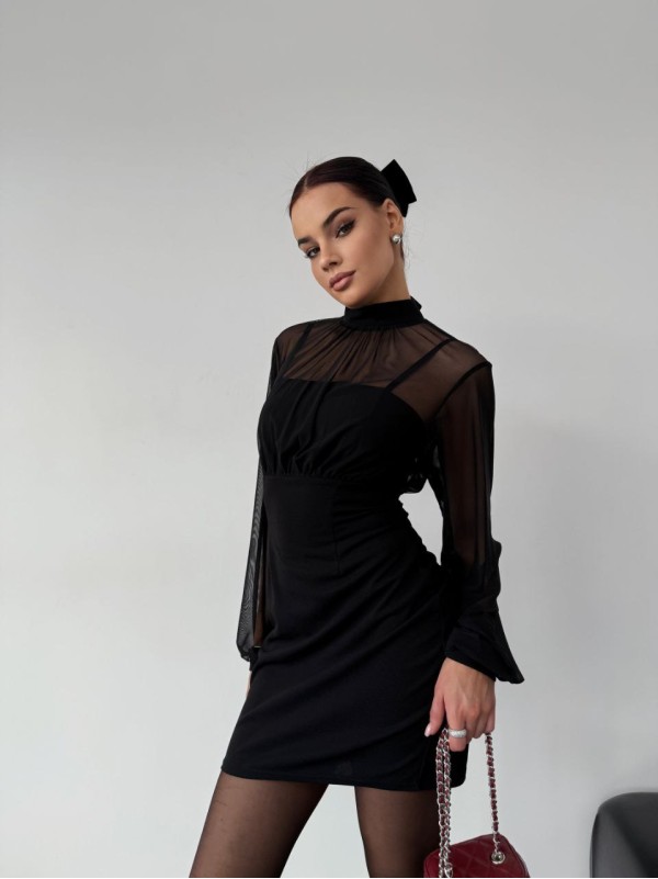 Класична сукня міні з сіткою чорного кольору 30409