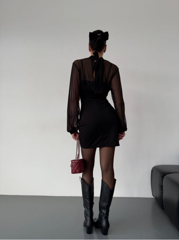 Класична сукня міні з сіткою чорного кольору 30409