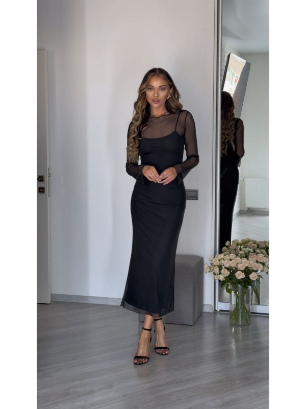 Легка комбінована сукня міді з сіткою чорного кольору 30658