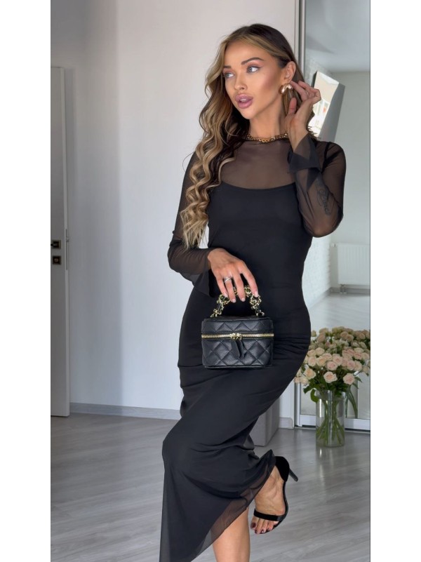 Легка комбінована сукня міді з сіткою чорного кольору 30658