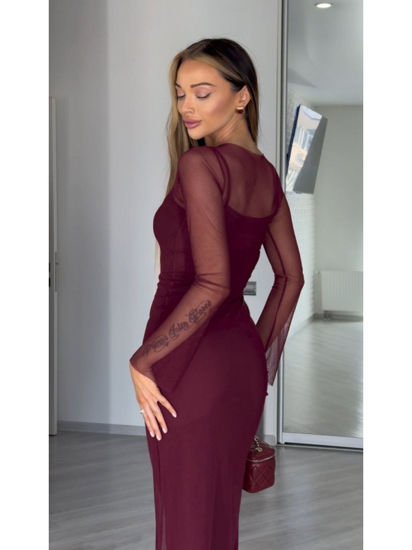 Легка комбінована сукня міді з сіткою бордового кольору 30659