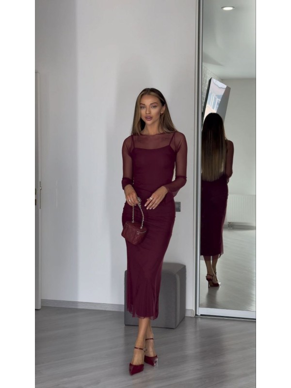 Легка комбінована сукня міді з сіткою бордового кольору 30659